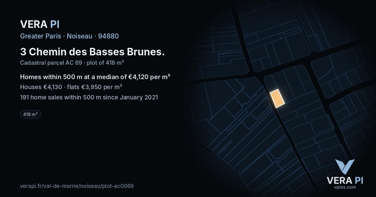 3 Chemin des Basses Brunes, Noiseau at night – the plot lit, the parcels around coloured by the prices near them