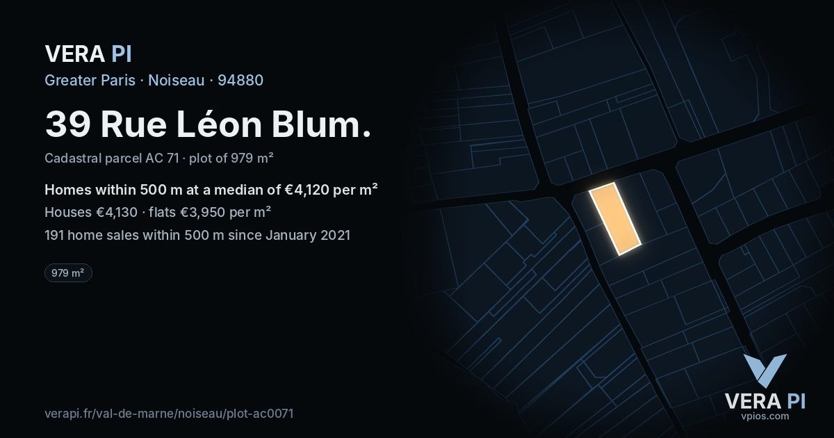 39 Rue Léon Blum, Noiseau at night – the plot lit, the parcels around coloured by the prices near them