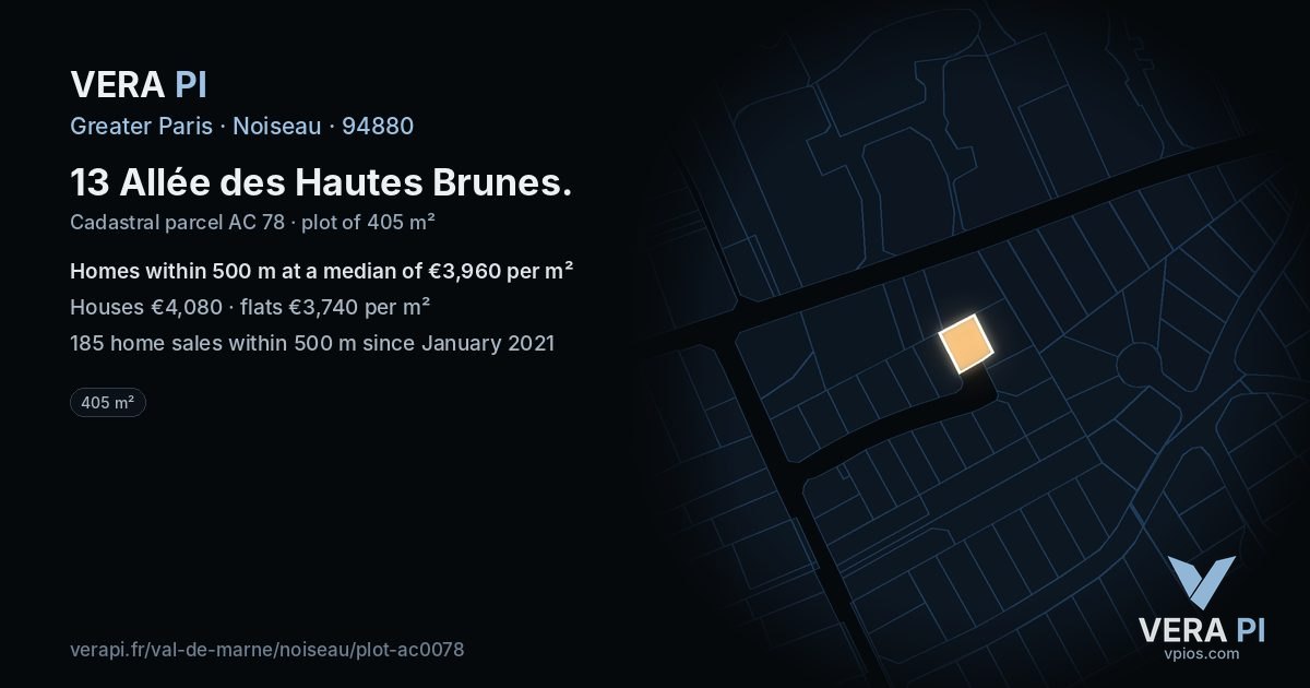 13 Allée des Hautes Brunes, Noiseau at night – the plot lit, the parcels around coloured by the prices near them