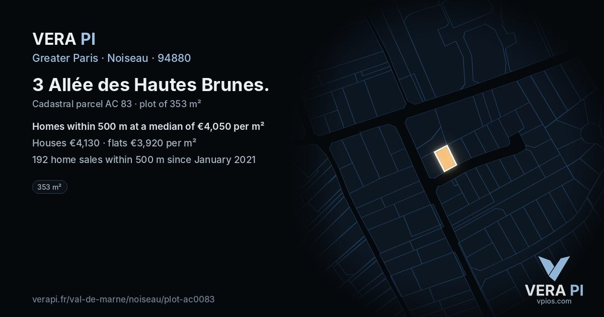 3 Allée des Hautes Brunes, Noiseau at night – the plot lit, the parcels around coloured by the prices near them