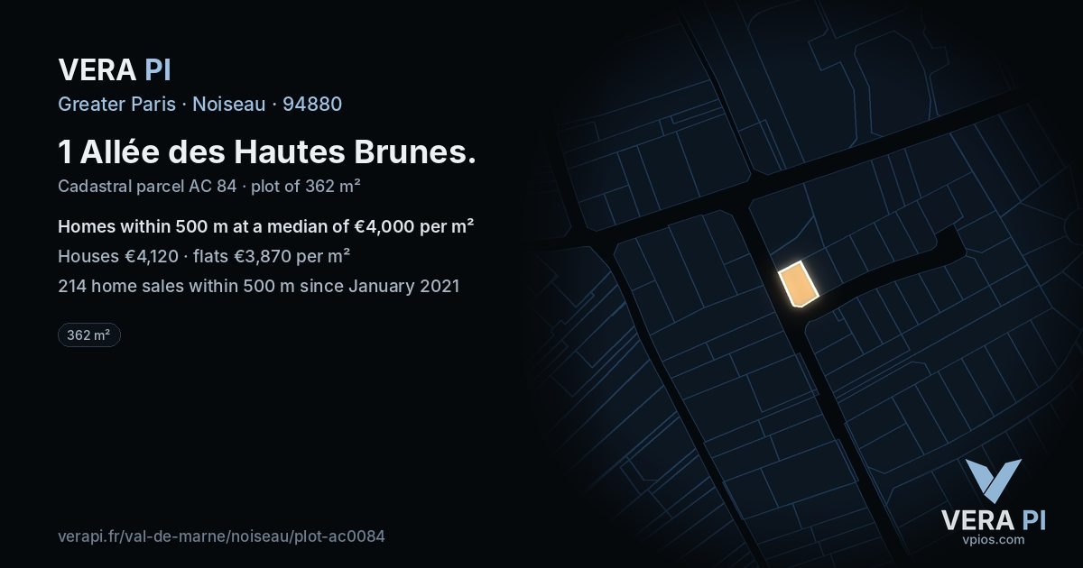 1 Allée des Hautes Brunes, Noiseau at night – the plot lit, the parcels around coloured by the prices near them