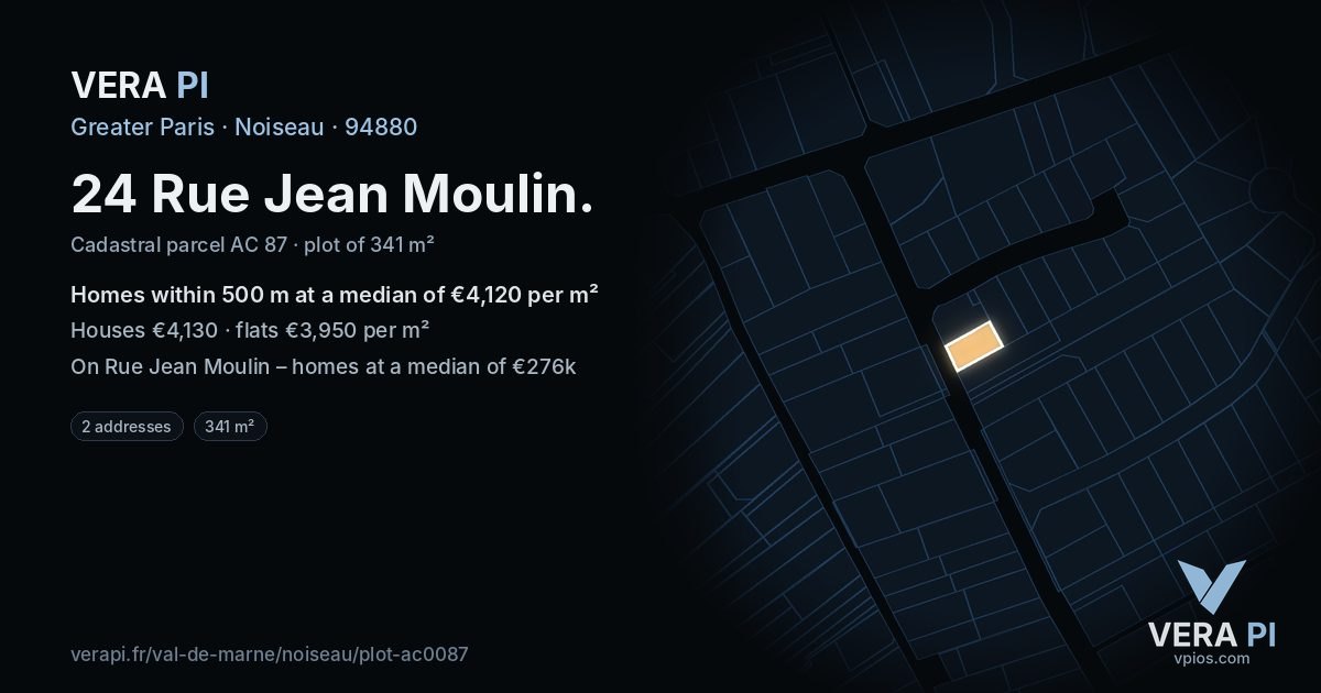 24 Rue Jean Moulin, Noiseau at night – the plot lit, the parcels around coloured by the prices near them