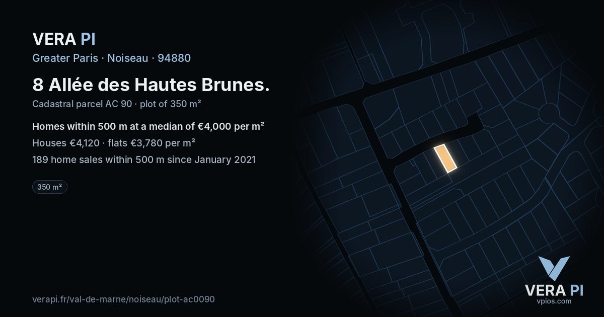 8 Allée des Hautes Brunes, Noiseau at night – the plot lit, the parcels around coloured by the prices near them