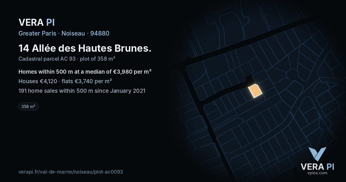 14 Allée des Hautes Brunes, Noiseau at night – the plot lit, the parcels around coloured by the prices near them
