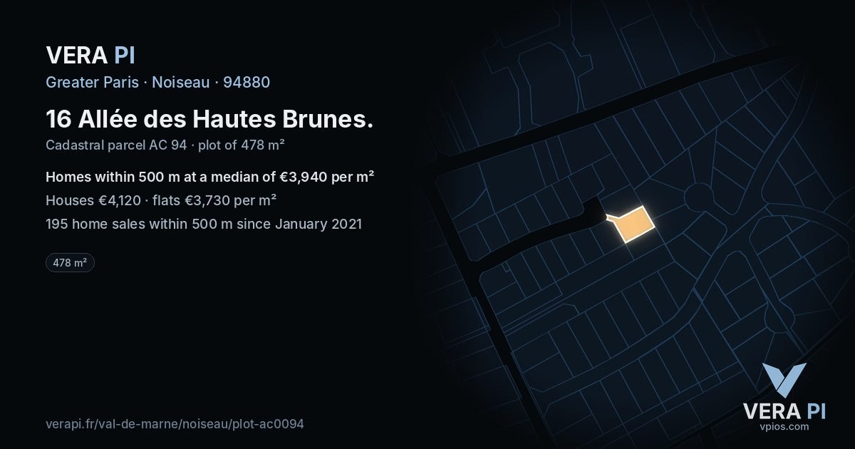 16 Allée des Hautes Brunes, Noiseau at night – the plot lit, the parcels around coloured by the prices near them