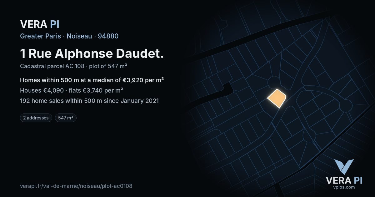 1 Rue Alphonse Daudet, Noiseau at night – the plot lit, the parcels around coloured by the prices near them