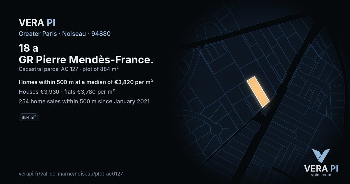 18 a GR Pierre Mendès-France, Noiseau at night – the plot lit, the parcels around coloured by the prices near them