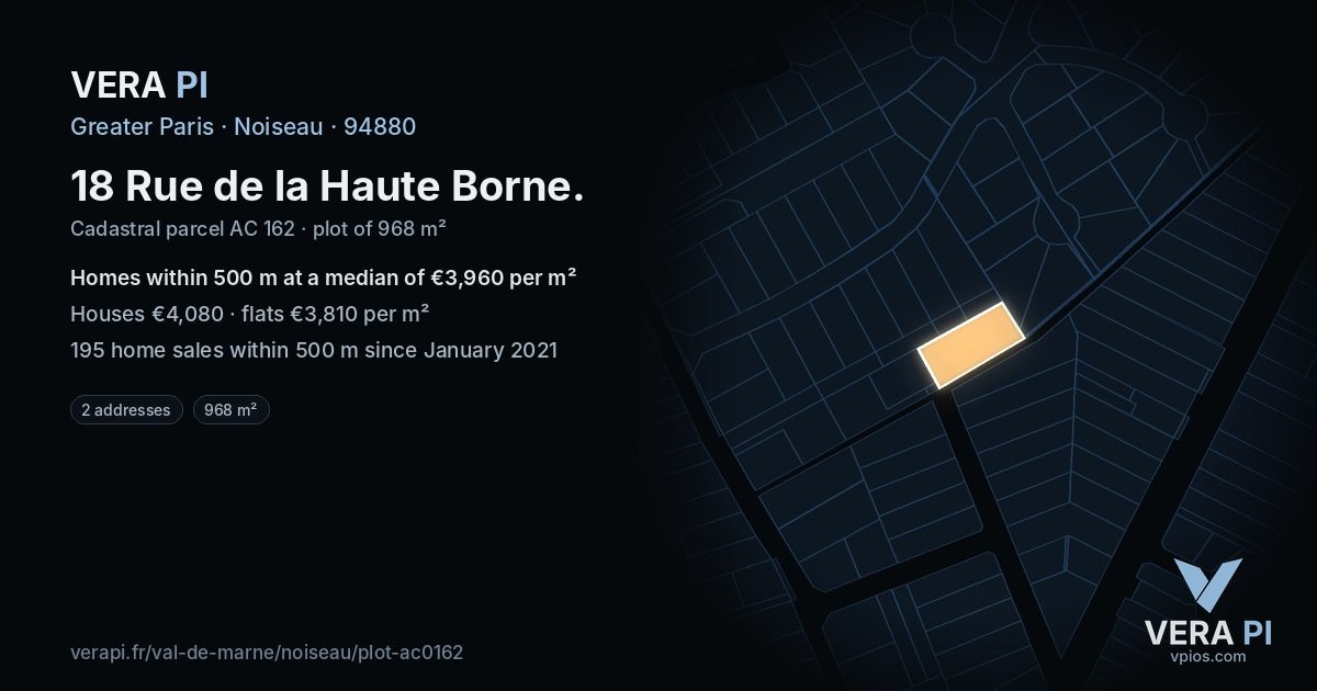 18 Rue de la Haute Borne, Noiseau at night – the plot lit, the parcels around coloured by the prices near them