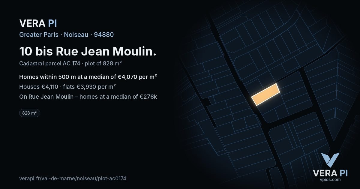 10 bis Rue Jean Moulin, Noiseau at night – the plot lit, the parcels around coloured by the prices near them