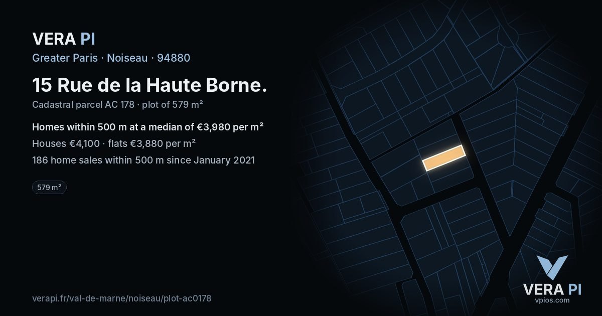15 Rue de la Haute Borne, Noiseau at night – the plot lit, the parcels around coloured by the prices near them