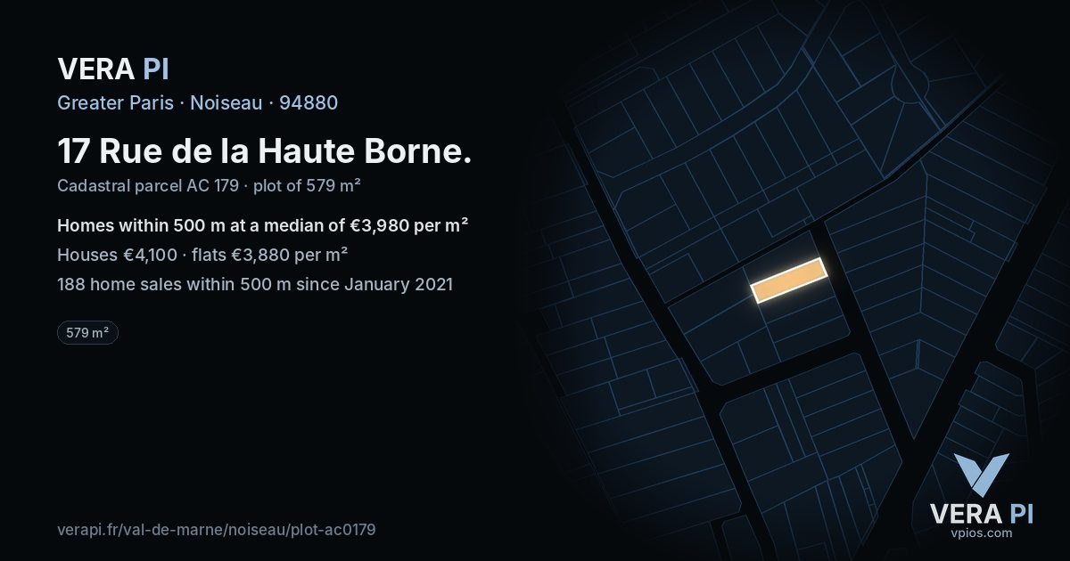 17 Rue de la Haute Borne, Noiseau at night – the plot lit, the parcels around coloured by the prices near them