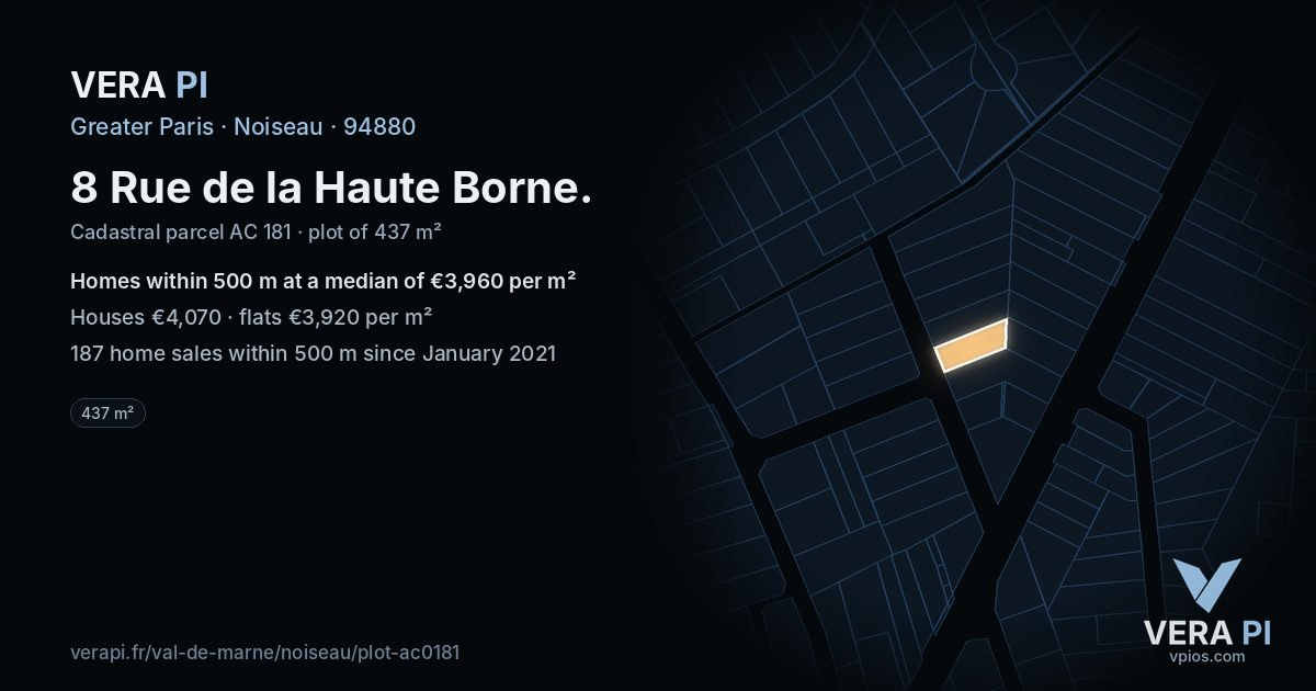 8 Rue de la Haute Borne, Noiseau at night – the plot lit, the parcels around coloured by the prices near them