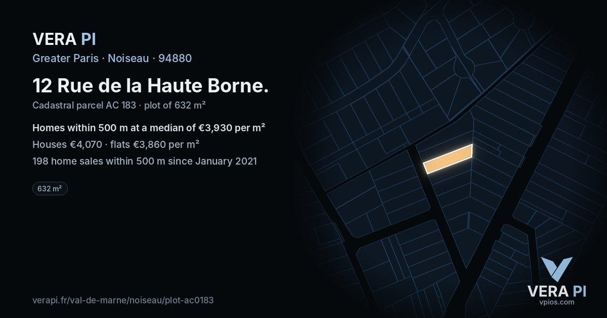 12 Rue de la Haute Borne, Noiseau at night – the plot lit, the parcels around coloured by the prices near them