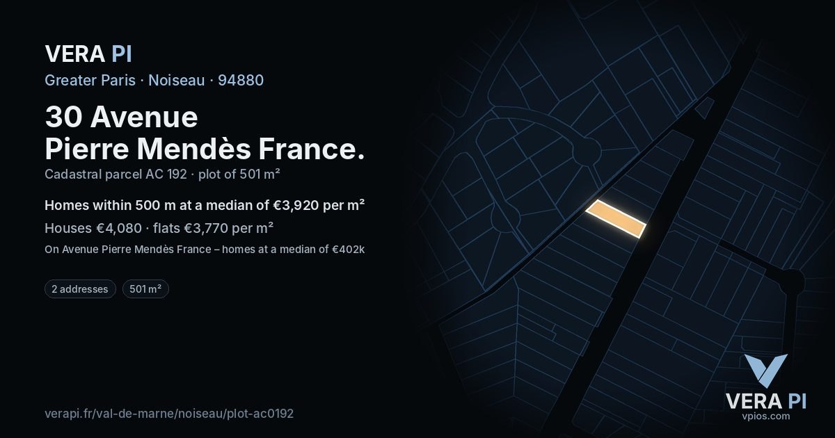 30 Avenue Pierre Mendès France, Noiseau at night – the plot lit, the parcels around coloured by the prices near them