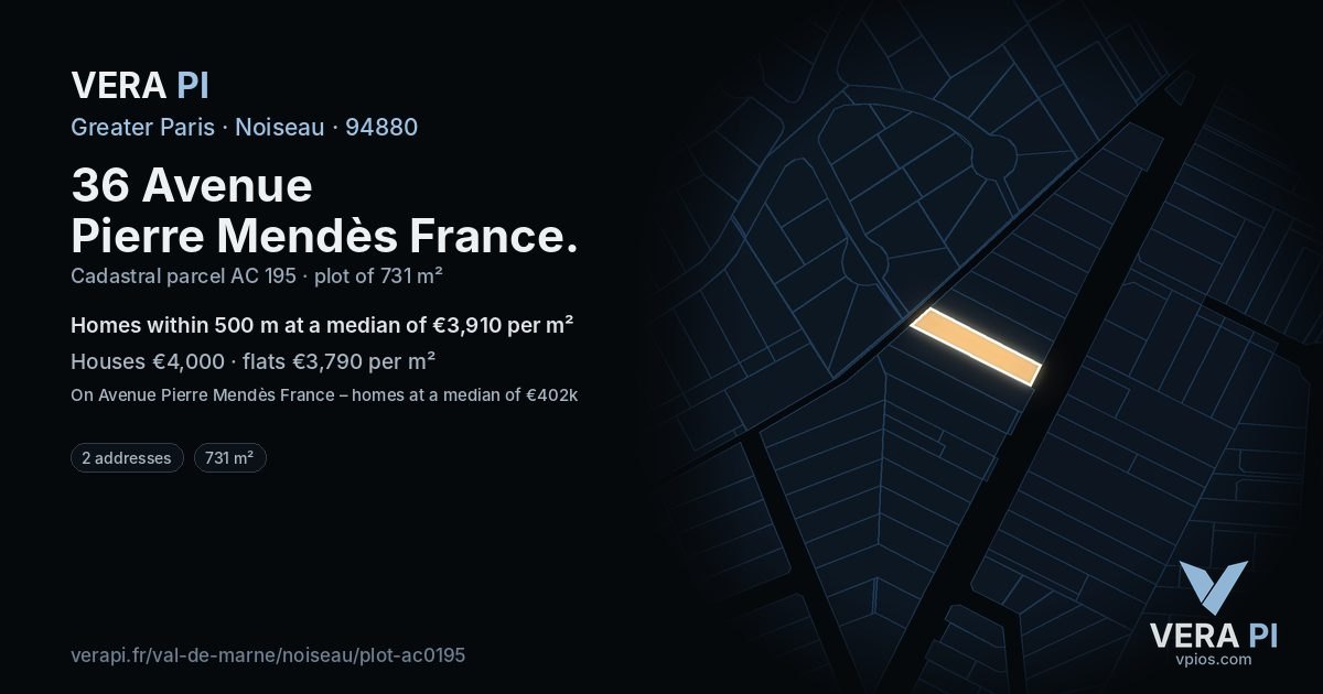 36 Avenue Pierre Mendès France, Noiseau at night – the plot lit, the parcels around coloured by the prices near them