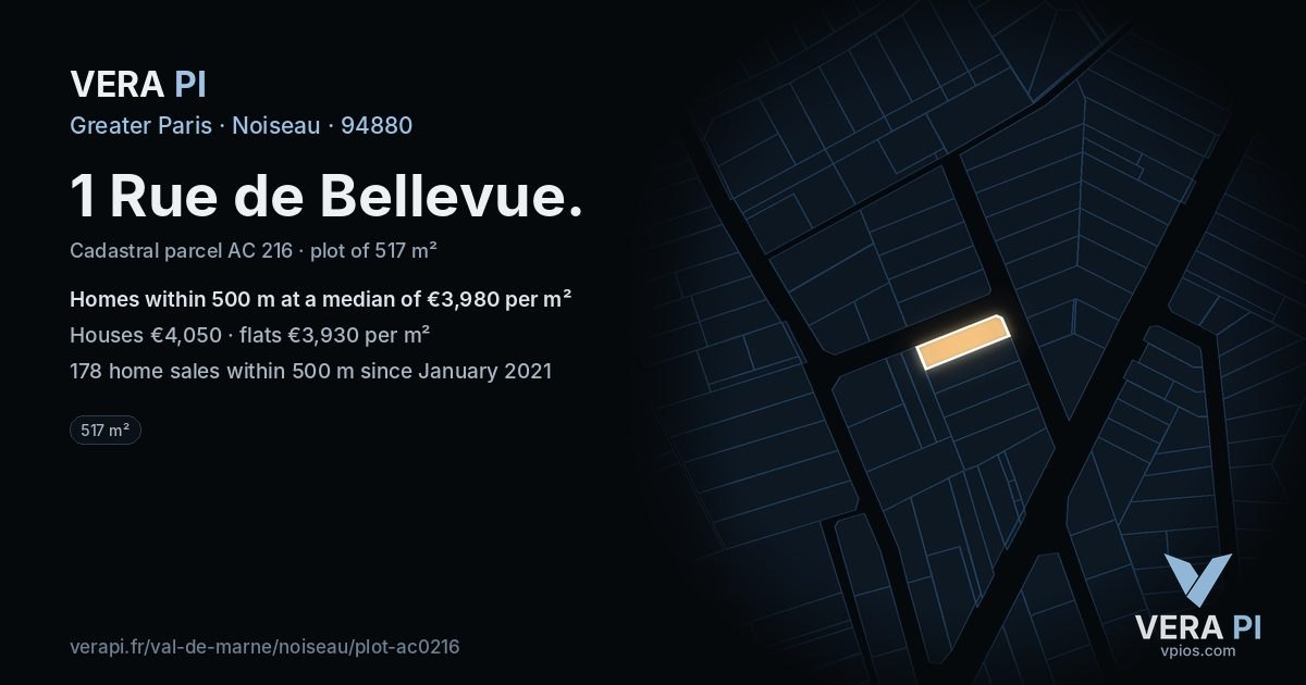 1 Rue de Bellevue, Noiseau at night – the plot lit, the parcels around coloured by the prices near them