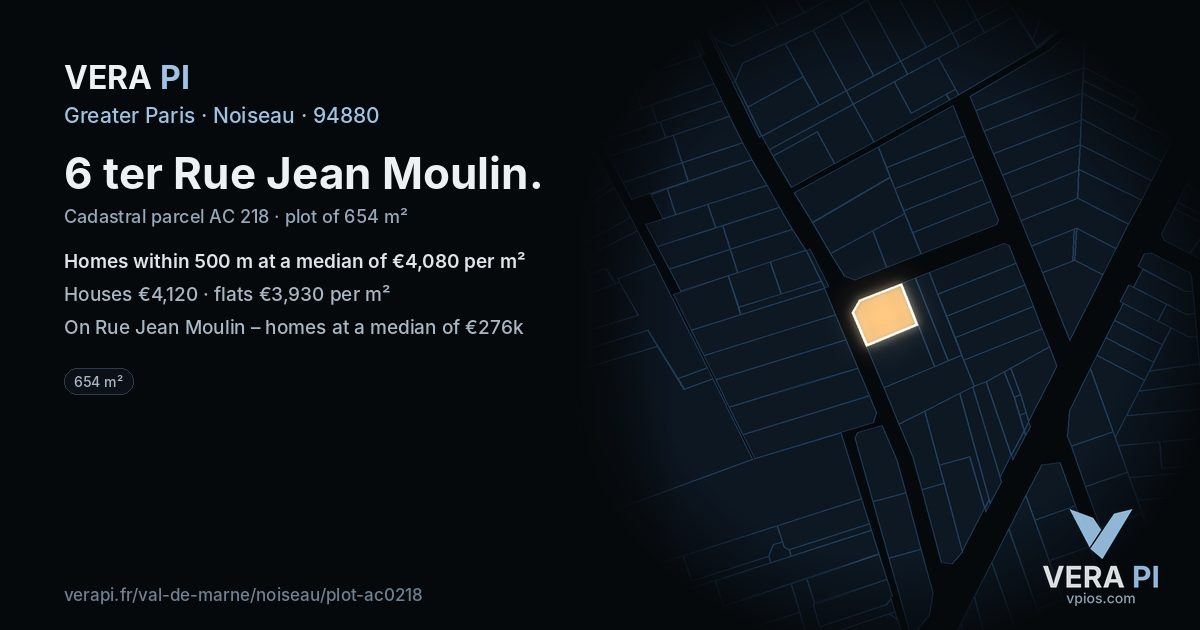 6 ter Rue Jean Moulin, Noiseau at night – the plot lit, the parcels around coloured by the prices near them