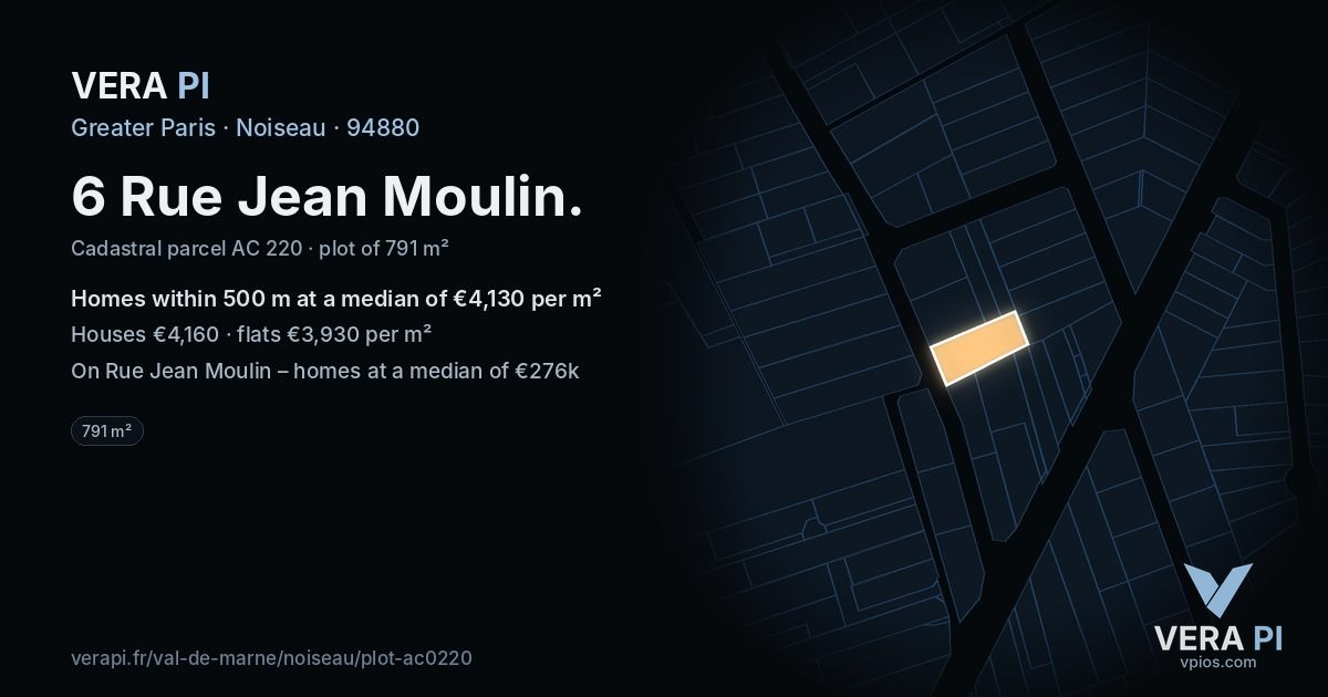 6 Rue Jean Moulin, Noiseau at night – the plot lit, the parcels around coloured by the prices near them