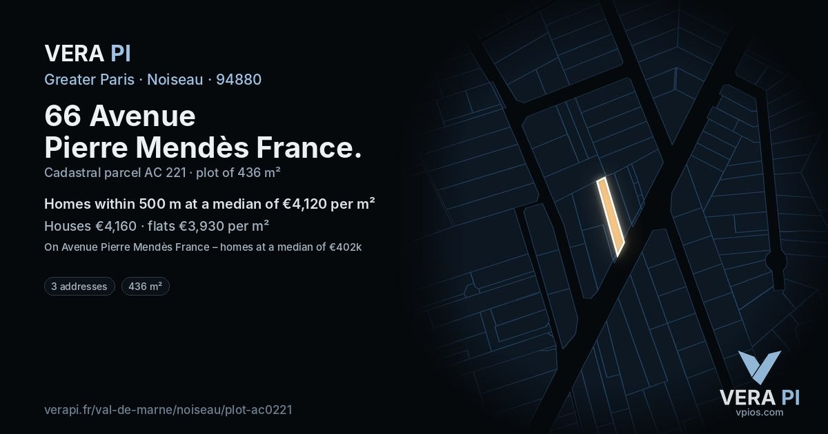 66 Avenue Pierre Mendès France, Noiseau at night – the plot lit, the parcels around coloured by the prices near them