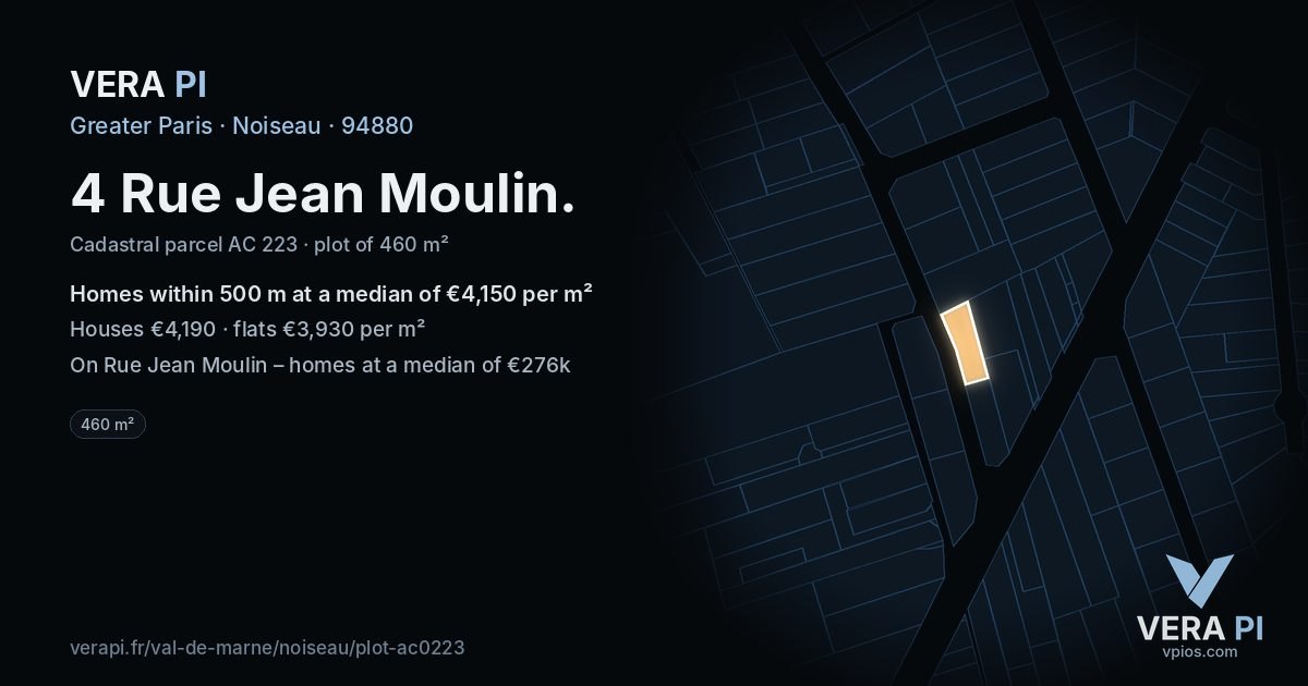 4 Rue Jean Moulin, Noiseau at night – the plot lit, the parcels around coloured by the prices near them