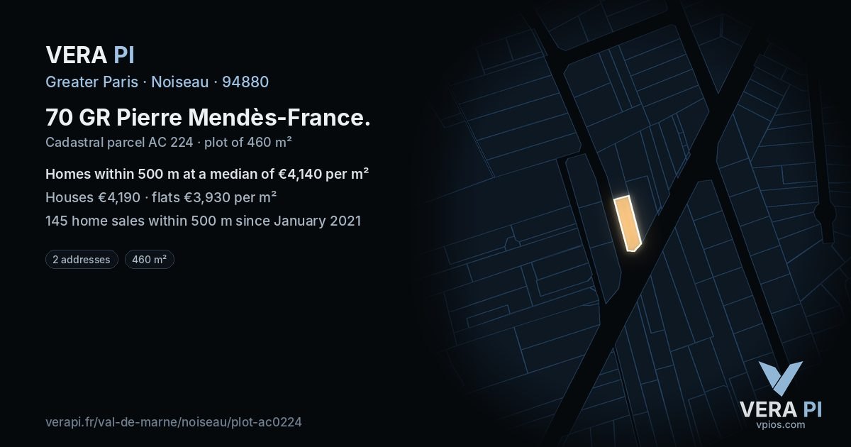 70 GR Pierre Mendès-France, Noiseau at night – the plot lit, the parcels around coloured by the prices near them