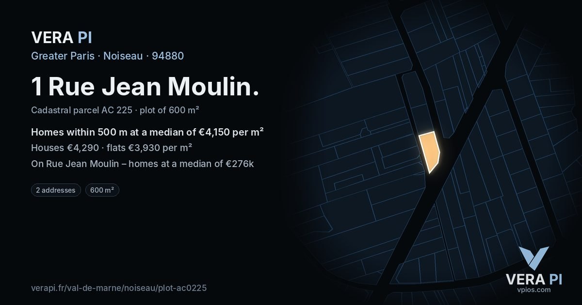 1 Rue Jean Moulin, Noiseau at night – the plot lit, the parcels around coloured by the prices near them