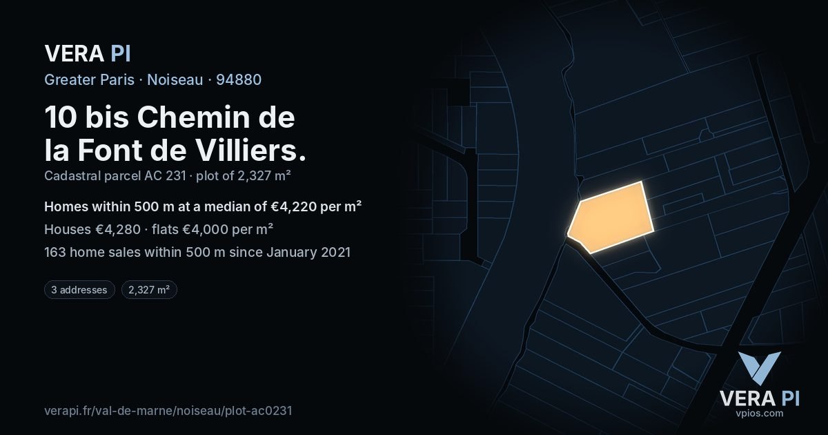 10 bis Chemin de la Font de Villiers, Noiseau at night – the plot lit, the parcels around coloured by the prices near them