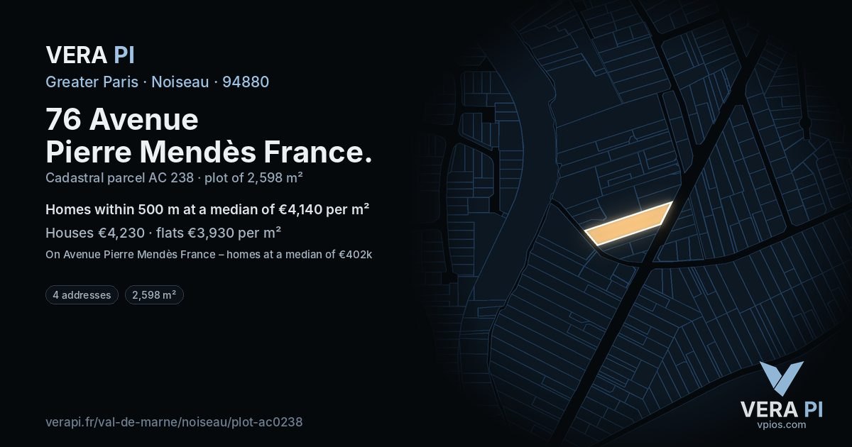 76 Avenue Pierre Mendès France, Noiseau at night – the plot lit, the parcels around coloured by the prices near them