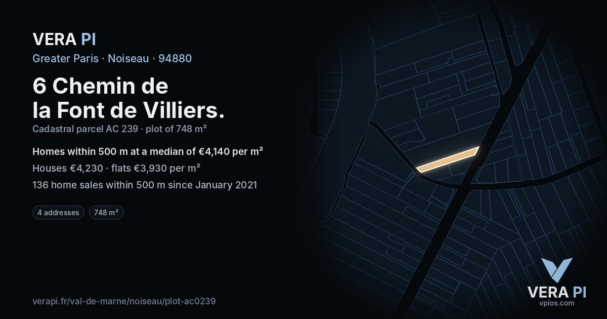 6 Chemin de la Font de Villiers, Noiseau at night – the plot lit, the parcels around coloured by the prices near them