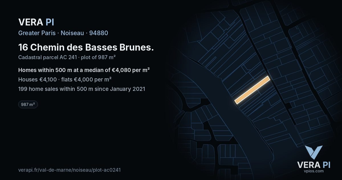 16 Chemin des Basses Brunes, Noiseau at night – the plot lit, the parcels around coloured by the prices near them