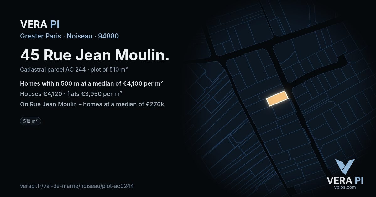 45 Rue Jean Moulin, Noiseau at night – the plot lit, the parcels around coloured by the prices near them