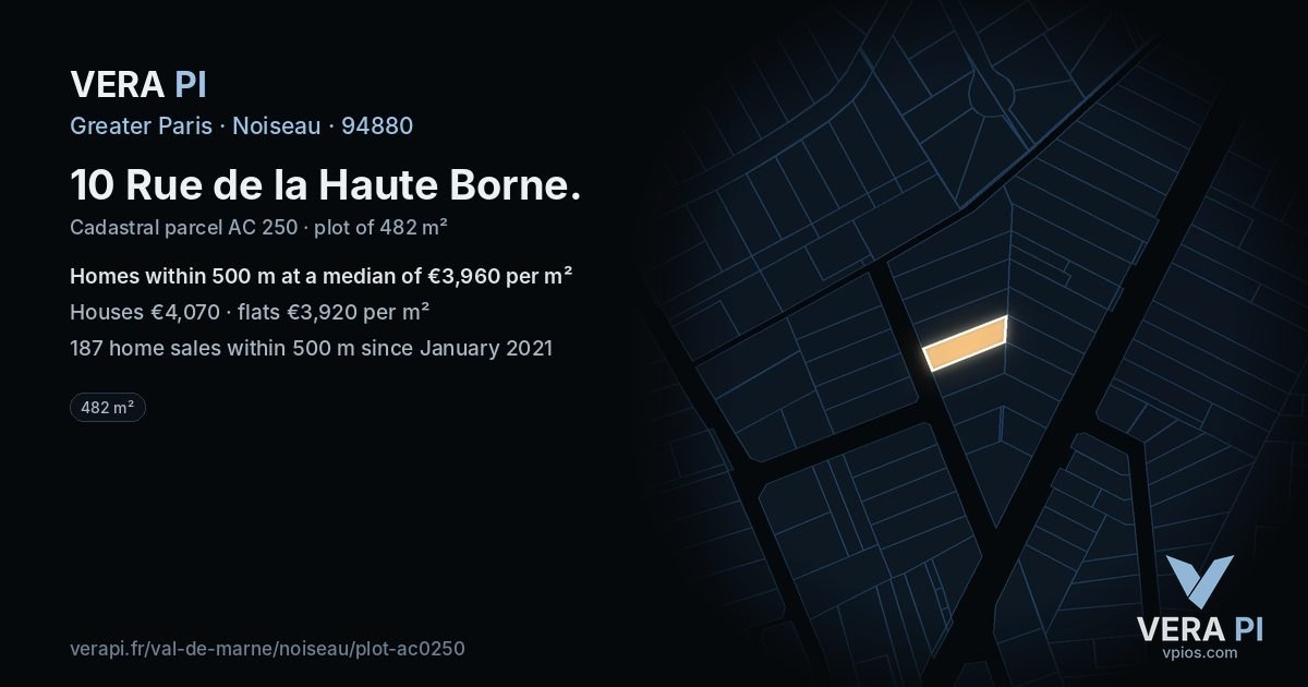10 Rue de la Haute Borne, Noiseau at night – the plot lit, the parcels around coloured by the prices near them