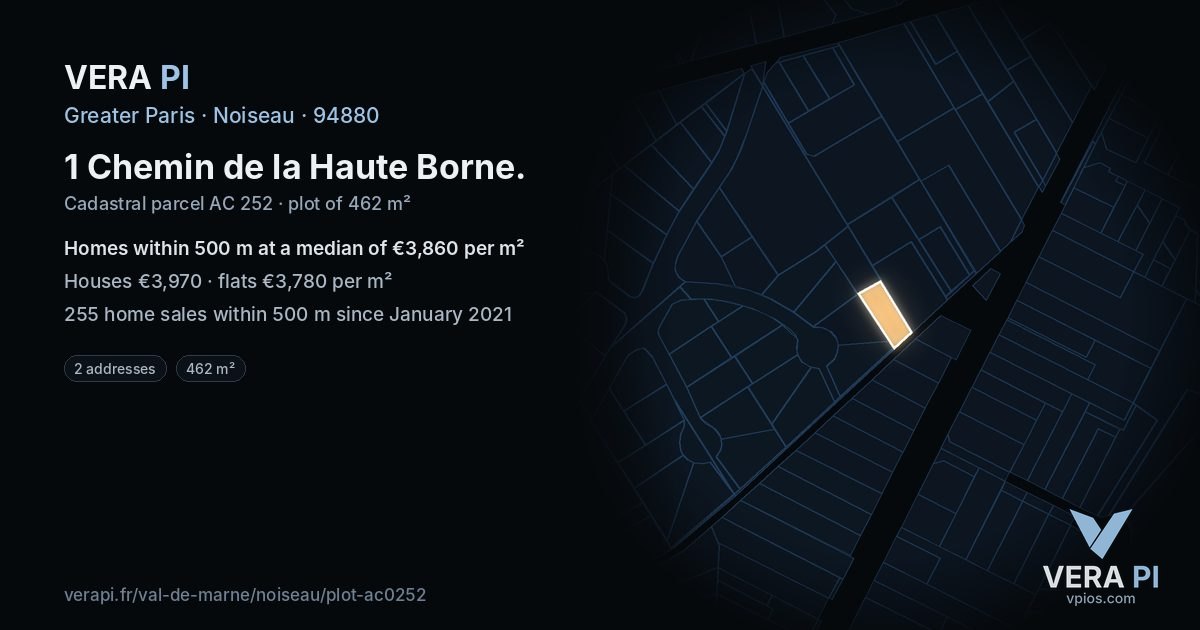 1 Chemin de la Haute Borne, Noiseau at night – the plot lit, the parcels around coloured by the prices near them
