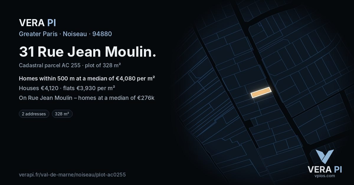 31 Rue Jean Moulin, Noiseau at night – the plot lit, the parcels around coloured by the prices near them