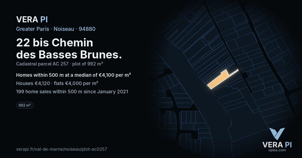 22 bis Chemin des Basses Brunes, Noiseau at night – the plot lit, the parcels around coloured by the prices near them