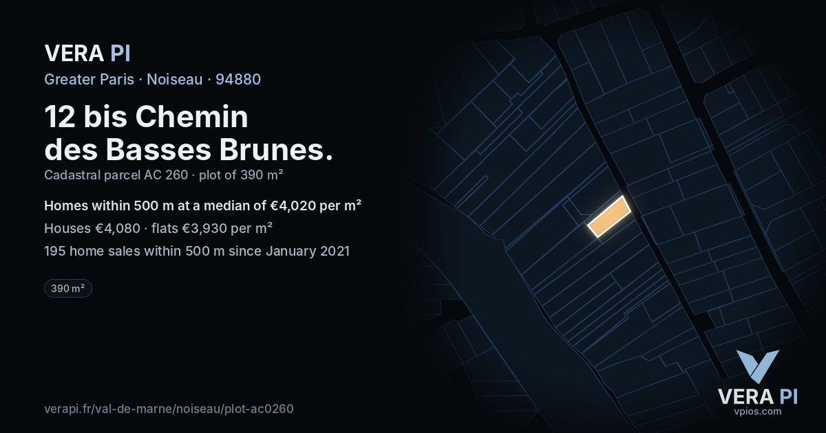 12 bis Chemin des Basses Brunes, Noiseau at night – the plot lit, the parcels around coloured by the prices near them