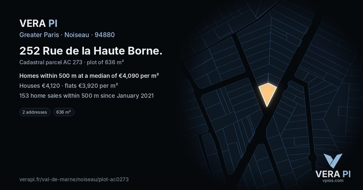 252 Rue de la Haute Borne, Noiseau at night – the plot lit, the parcels around coloured by the prices near them