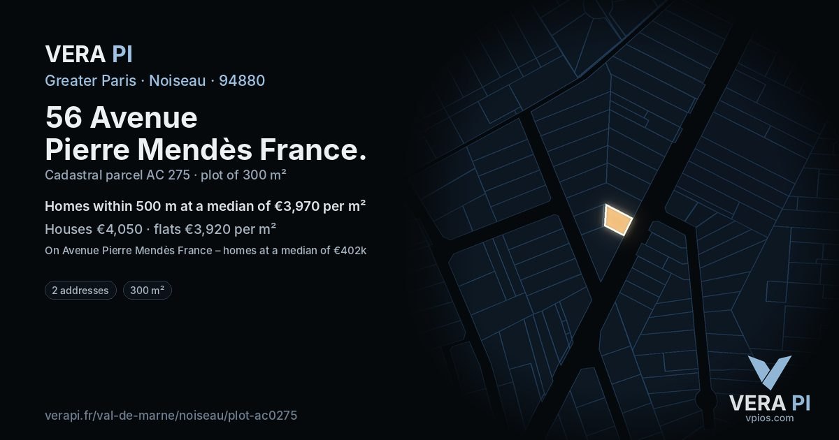 56 Avenue Pierre Mendès France, Noiseau at night – the plot lit, the parcels around coloured by the prices near them