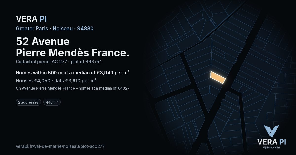 52 Avenue Pierre Mendès France, Noiseau at night – the plot lit, the parcels around coloured by the prices near them