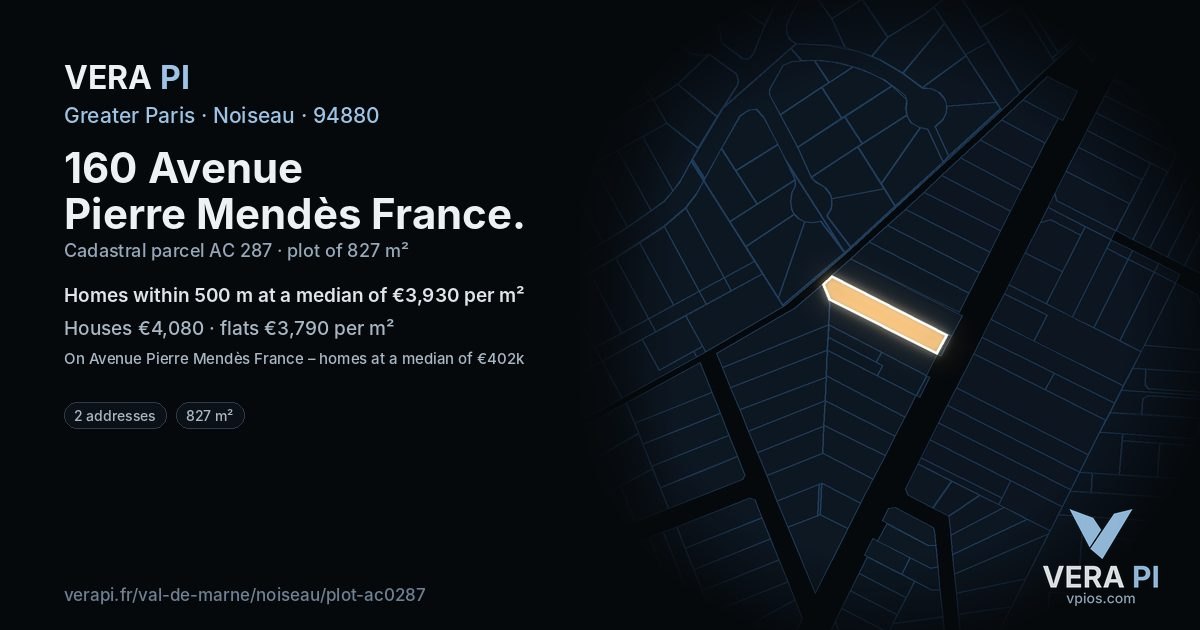 160 Avenue Pierre Mendès France, Noiseau at night – the plot lit, the parcels around coloured by the prices near them