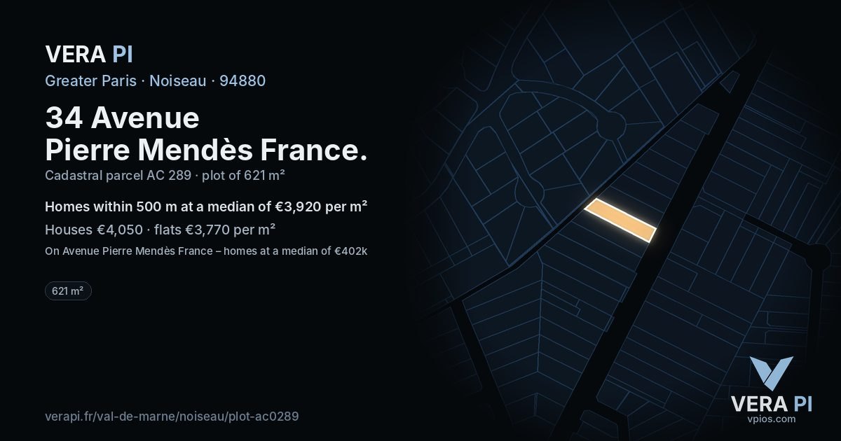 34 Avenue Pierre Mendès France, Noiseau at night – the plot lit, the parcels around coloured by the prices near them