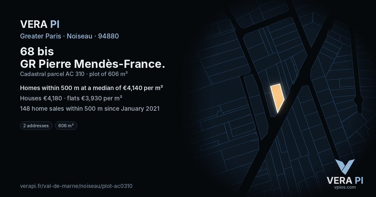 68 bis GR Pierre Mendès-France, Noiseau at night – the plot lit, the parcels around coloured by the prices near them