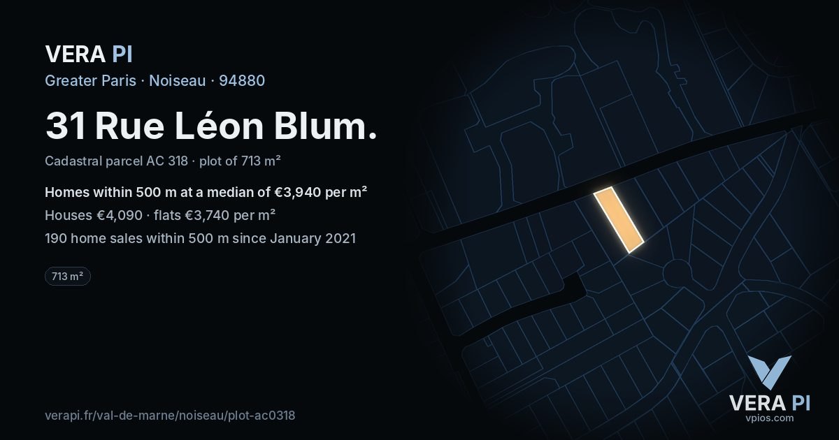 31 Rue Léon Blum, Noiseau at night – the plot lit, the parcels around coloured by the prices near them