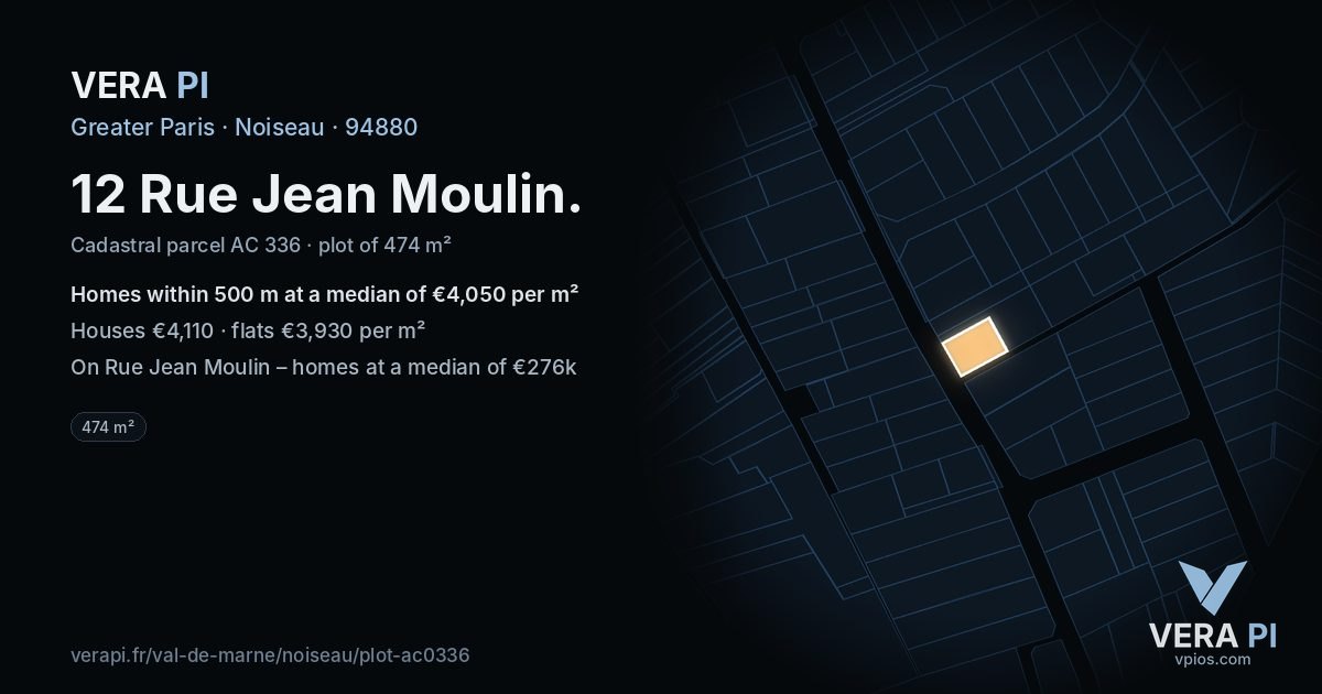 12 Rue Jean Moulin, Noiseau at night – the plot lit, the parcels around coloured by the prices near them