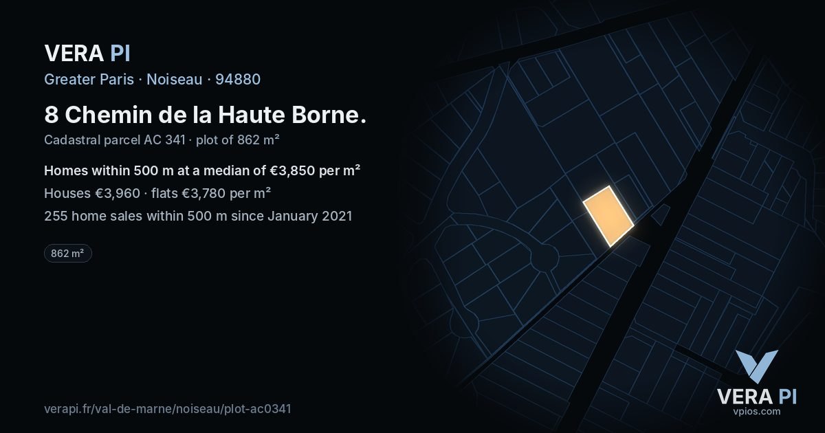 8 Chemin de la Haute Borne, Noiseau at night – the plot lit, the parcels around coloured by the prices near them