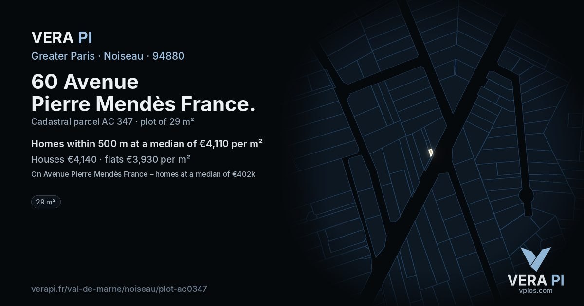 60 Avenue Pierre Mendès France, Noiseau at night – the plot lit, the parcels around coloured by the prices near them