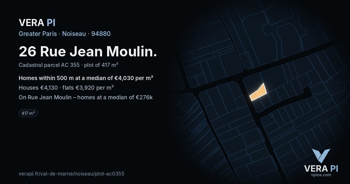 26 Rue Jean Moulin, Noiseau at night – the plot lit, the parcels around coloured by the prices near them