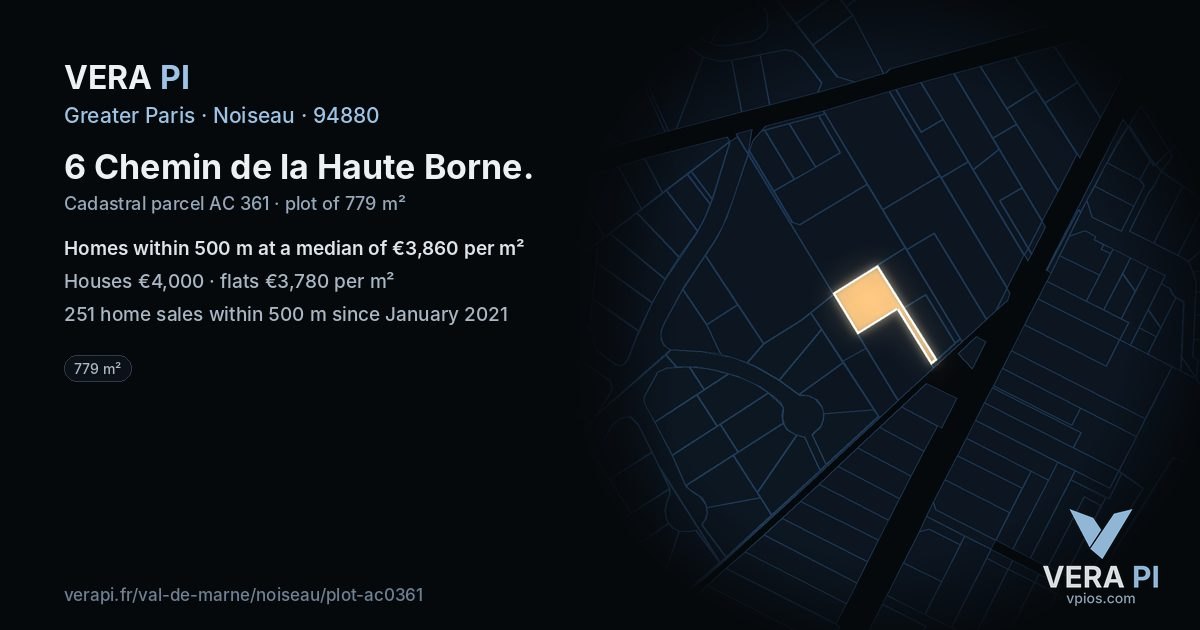 6 Chemin de la Haute Borne, Noiseau at night – the plot lit, the parcels around coloured by the prices near them