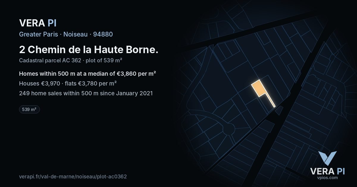 2 Chemin de la Haute Borne, Noiseau at night – the plot lit, the parcels around coloured by the prices near them