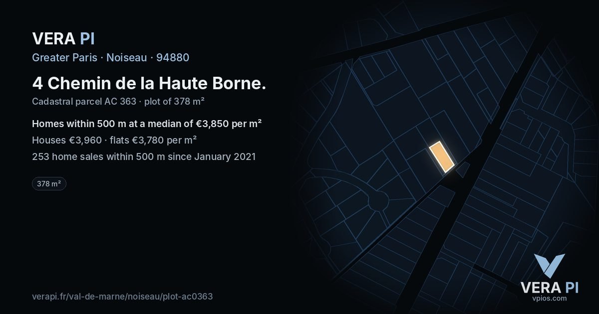 4 Chemin de la Haute Borne, Noiseau at night – the plot lit, the parcels around coloured by the prices near them